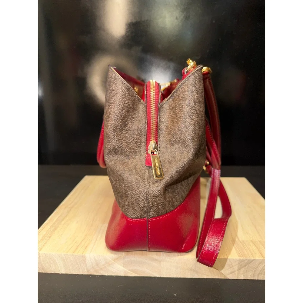 Michael Kors Handbag Tote Brown Signature‎ Red Leather Convertible Strap